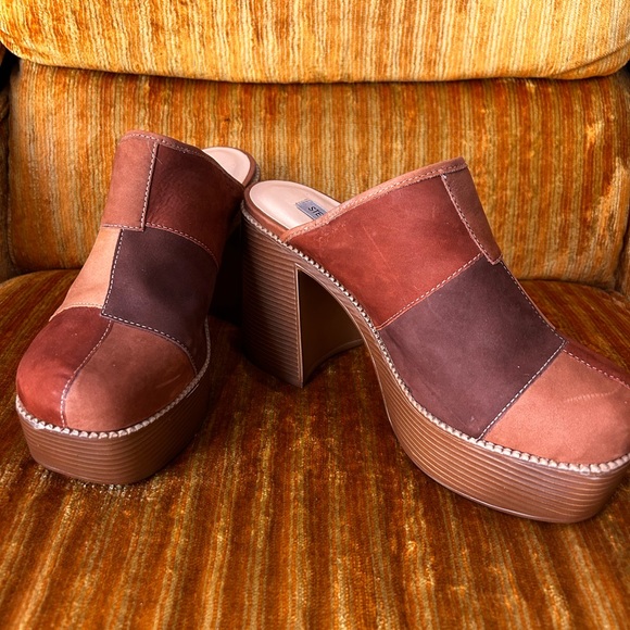 Steve Madden Shoes - Steve Madden Patchwork Suede Platform Mules in Brown and Rust Tones